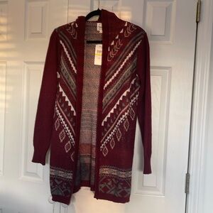 Hippie Rose Open Front Long Line Cable Knit Hooded Cardigan Sweater Maroon M NWT